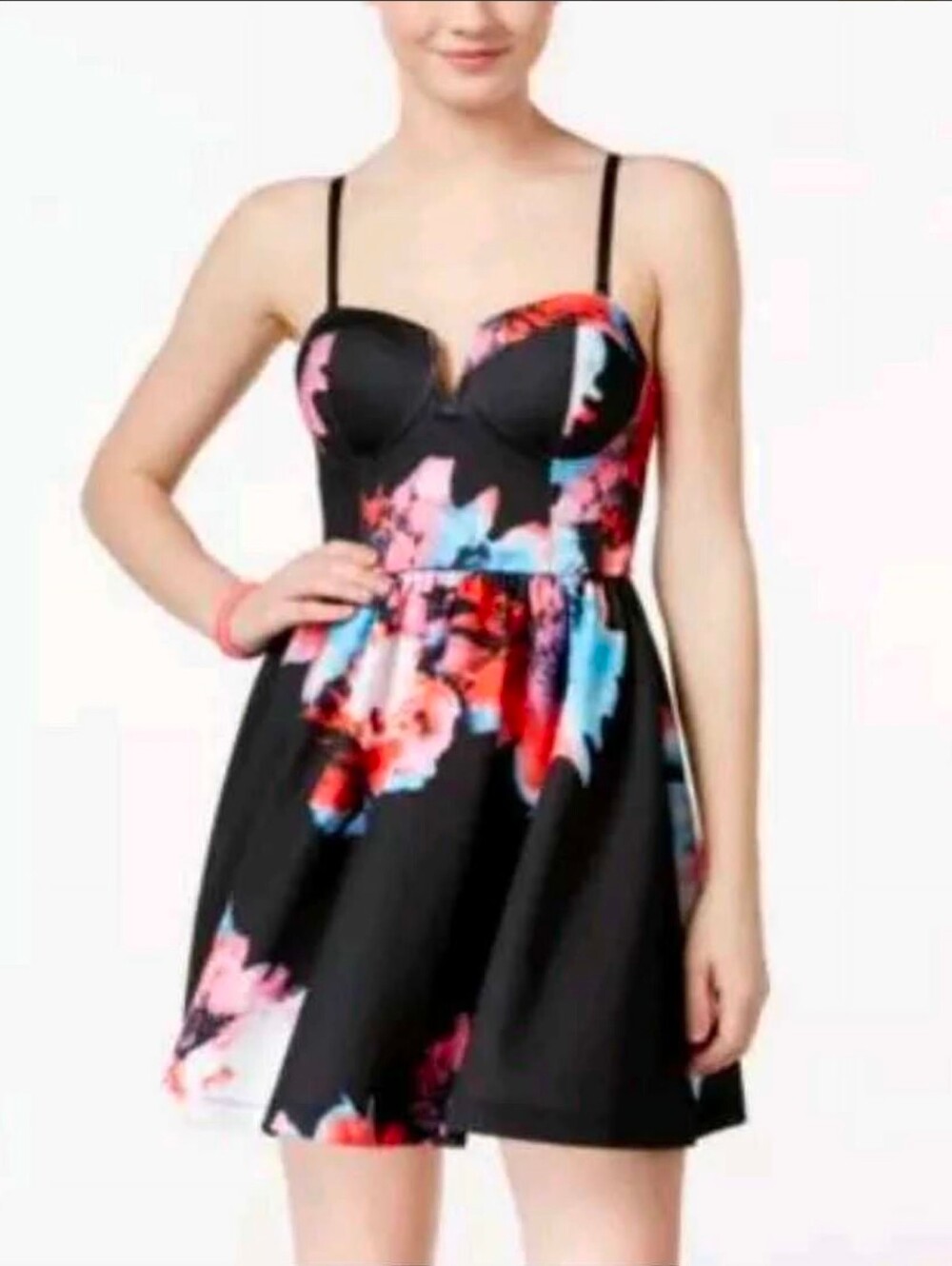 Floral Sweetheart Fit & Flare Mini Dress - Black with Multicolor Floral Sz Small